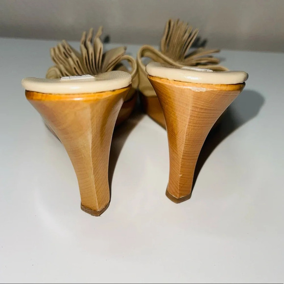 Monica Magli Tan Flutter Mesh Inset Slip-on Wooden Wedged Sandals 6 Women’s - Picture 7 of 12